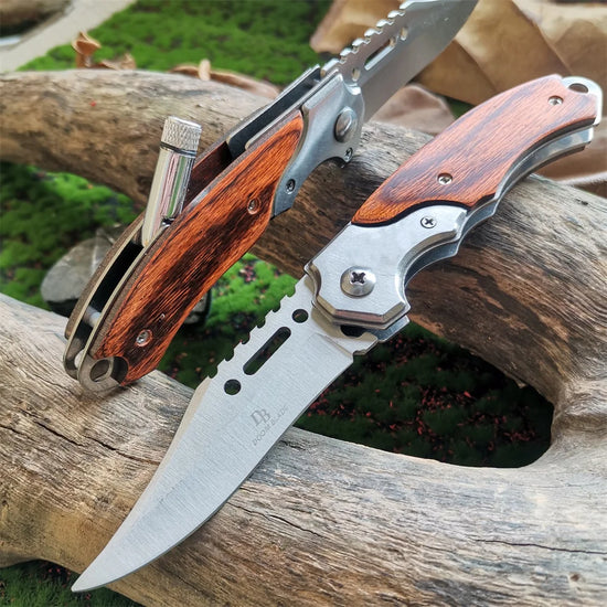 LuminaEdge™ LED Light Folding Knife – Wooden Handle, Versatile EDC for Hunting, Self Defense & Survival